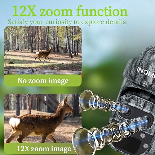 Trail Camera, No WiFi Needed Security Camera, 355° PTZ Outdoor Camera with 12X Zoom, Monitor Anywhere, Color Night Vision, PIR Motion Detection, 7800mAh Battery，IP66