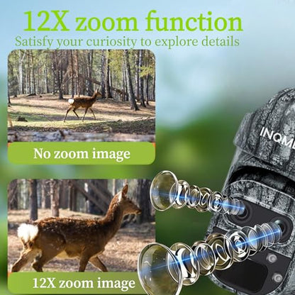 Trail Camera, No WiFi Needed Security Camera, 355° PTZ Outdoor Camera with 12X Zoom, Monitor Anywhere, Color Night Vision, PIR Motion Detection, 7800mAh Battery，IP66