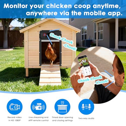 Automatic Chicken Coop Door with HD1080P Camera，Electric Auto WiFi Solar Chicken Coop Door Opener with Timer,Remote Control, APP Control, 5000mA Battery, Night Vision, Alarm Drive,Roll-up Gate