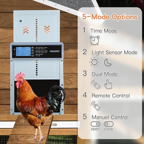 Automatic Chicken Coop Door, LCD Display, 5 Modes, Timer & Light Sensor, Solar Powered & Battery Charging Chicken Coop Door, Weatherproof Automatic Chicken Door with Remote Control