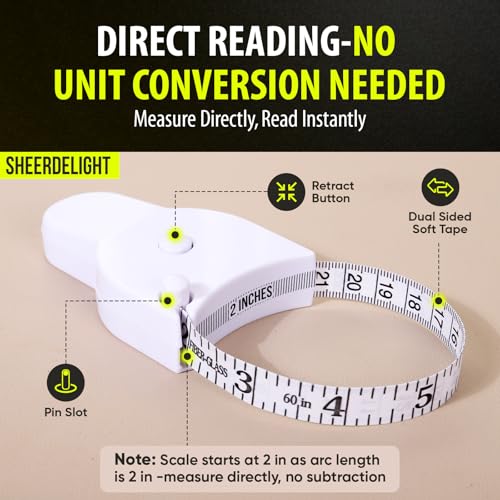 SheerDelight Body Measuring Tape, 2 Pack Retractable Measuring Tape for Body Measurements with Locking Mechanism and Push Button, Automatic Body Tape Measure for Fitness & Tailoring - White