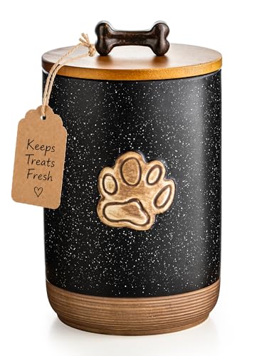 Miamolo Dog Treat Container Airtight Dog Treat Storage Jar with Lid, 8 Cups Ceramic Dog Food Storage Container with Handle, Rustic Dog Cookie Jar - Gift for Dog Lovers, Paw Dotted Black - color: Paw Dotted Black