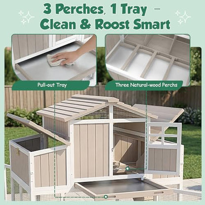 Large Chicken Coop with 4 Nesting Boxes for 4-6 Hens, Wooden Outdoor Hen House with Dual-Side Egg Collection, Pull-Out Tray, 3 Perches, Backyard Expandable Chicken Run - size: 52.4"L x 35.0"W x 53.0"H