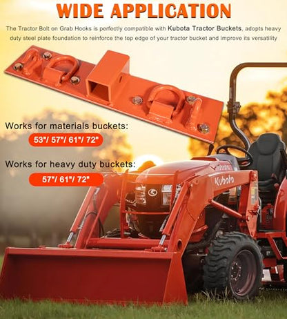 Bonbo Tractor Grab Hooks Compatible with Kubota Tractors - Bolted on Compact Tractor Bucket Grab Hooks with D Rings and 2" Receiver, Orange