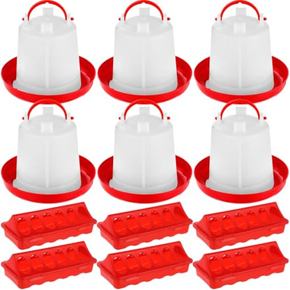 Funnymoom 12 Pack Chicken Feeder and Waterer Set Bird Small Poultry Feeder Flip Top Bird Small Poultry Feeding for Pigeon Chick Drinker Duckling Quail Feeding Dispenser(Red,6 Holes) - color: Red, style: 6 Holes