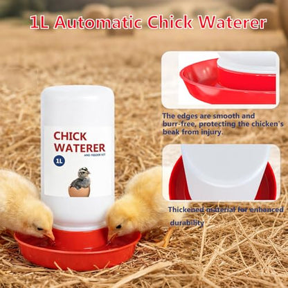 Chick Feeder and Waterer Set, 3 Pcs Baby Chicken Supplies with Chicks Feeder Trough and 1L Waterer, Chicken Starter Kit for Small Poultry Ducks Quail Coop