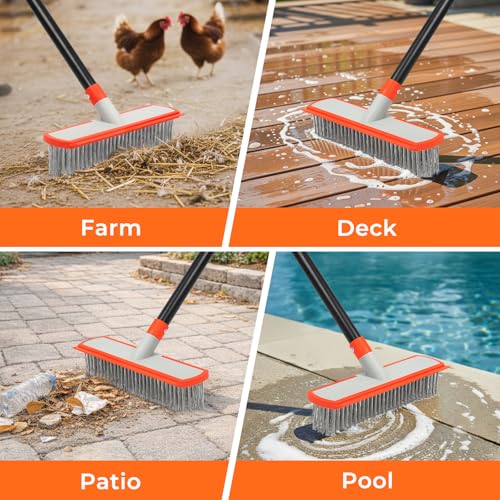 MAVRIZ Stainless Steel Concrete Brush with Long Handle - Heavy Duty Deck Brush for Concrete Cleaning, Outdoor Broom for Moss Removal, Wire Brushes for Scrubbing Patios, Driveways & Pools