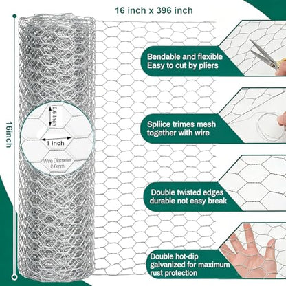 Chicken Wire Fencing, 16 in x 396 in(40cm x 10m) Chicken Wire Mesh Roll, 0.6 in Mesh Poultry Wire Netting, Anti-Rust Hexagonal Galvanized for Chicken Coop Crafts Garden Fence with 100 Zip Ties - size: 16 x 396 Inches-0.6 Inch Mesh