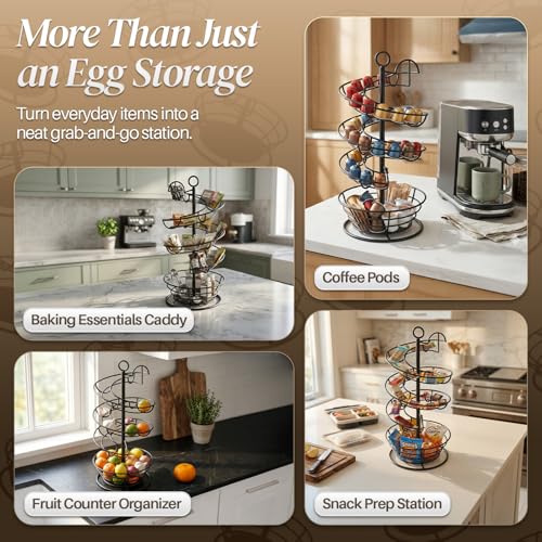 Flexzion Metal Egg Skelter Countertop Egg Holder - Sturdy Black Spiral Egg Holder with Bottom Basket and 360-Degree Rotatable Middle Pole Up to 36-Egg Capacity, Egg Storage Rack Solution - color: Black, size: Large Skelter
