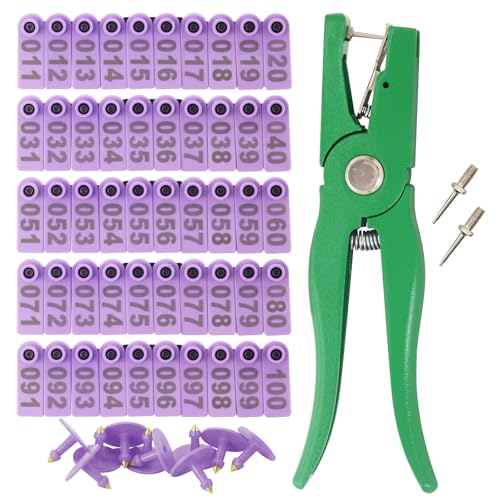 Sheep Ear Tag 001-100 Number Plastic Livestock Tags Goat with Punch Applicator Plier Tools and 2Pcs Ear Tag Pins (Purple, 001-100) - color: Purple, size: 001-100