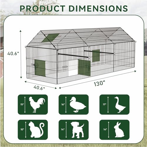 STILLCOVE Large Chicken Coop Run: 130" × 40" Outdoor Metal Duck Pen with Cover - Poultry Cage Enclosure for Rabbit Hen Quail - size: 130.0"L x 40.0"W x 40.0"H