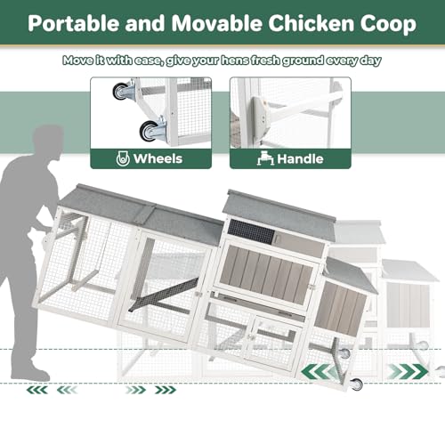 Large Chicken Coop with Run for 6-12 Chickens, Mobile Outdoor Hen House Chicken Tractor with Full Asphalt Roof, Wheels, Wooden Poultry Cage with 4 Nesting Box, Pull-Out Tray & Fun Swing - color: Grey