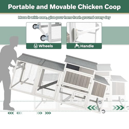Large Chicken Coop with Run for 6-12 Chickens, Mobile Outdoor Hen House Chicken Tractor with Full Asphalt Roof, Wheels, Wooden Poultry Cage with 4 Nesting Box, Pull-Out Tray & Fun Swing - color: Grey