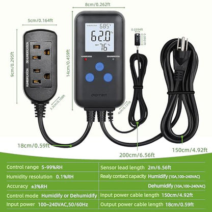 DIGITEN Humidity Controller Pre-Wired Digital Humidistat with Temperature Display, Dual-Stage Outlet Humidifier /Dehumidifier for Mushroom,Reptile, Greenhouse, Fan, Grow Tent