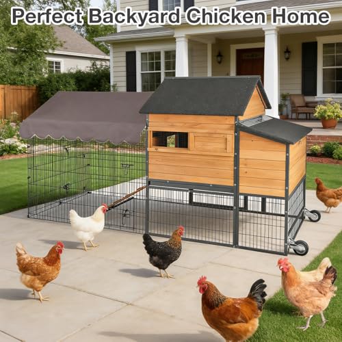 85.6" Chicken Coop with Wheels and Large Run, Heavy Duty Metal Frame Wooden Hen House for 4-6 Chickens, Mobile Poultry Cage with 3 Nesting Boxes, Waterproof Asphalt Roof & Anti-Predator Locks - color: Orange