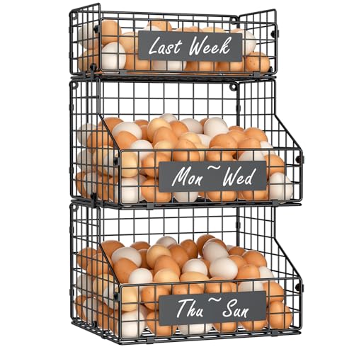 keomaisyto Egg Holder Countertop with Nameplate to Separate Eggs, 3 Tier Stackable Wire Storage Baskets for Gathering Fresh Eggs, Large Egg Rack for Countertop/Wall-Mounted, Medium (Patent Pending) - color: Black, size: 3-Tier Large