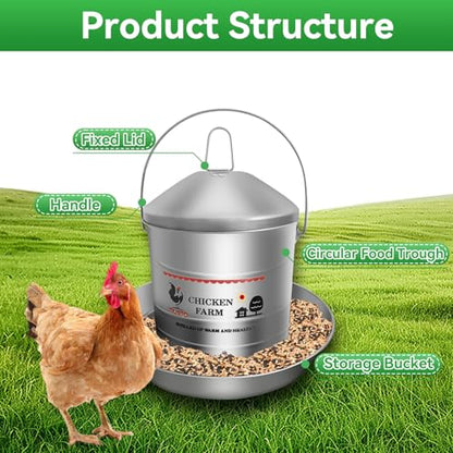 17.6 Lb Stainless Steel Poultry Feeder, Automatic Chicken Feeder No Waste, Hanging Chicken Feeder Heavy Duty Reliable Long-Lasting with Handle, Top Filled - size: 8KG/17.6 LB