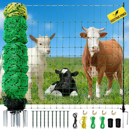 Electric Fence Netting, 164'L x 35.4" H Movable Livestock Nets for Sheep, Hogs, Cattle, PE Net Fencing Kit with 14 Posts Double Spiked, Electric Fencing for Backyards, Homesteaders, Farms Ranches - size: 164'L x 35.4" H