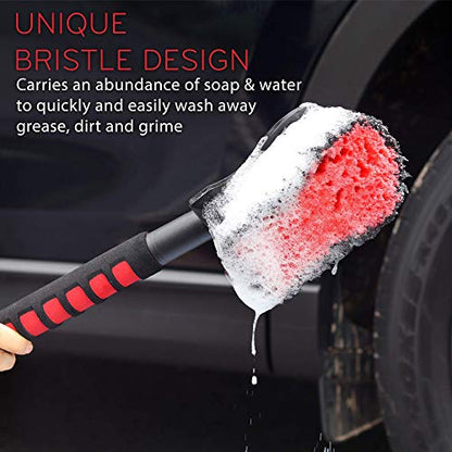 TAKAVU 17.5in Tire Brush, Soft Bristle Long Handle, Scratch-Free (Red) | Scrubs Sidewalls, Brake Dust & Wheel Wells on Cars, Trucks, RVs & Mats, Safe for Chrome & Alloy Rims - color: Red