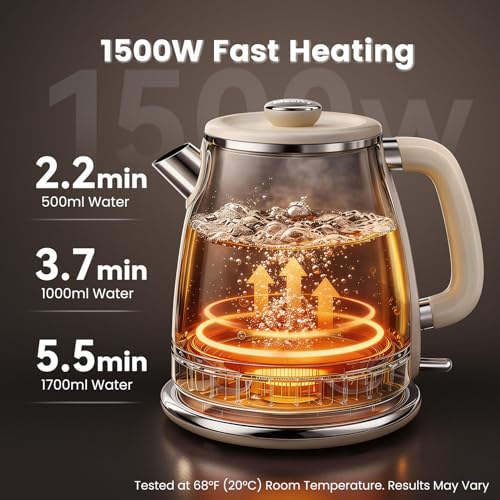Mecity Retro Electric Kettle 1.7L, Stainless Steel Interior, Food-Grade Silicone Water Contact, Double Wall Cool Touch, 1500W Fast Boil, Thermometer (°F/°C), Wide Opening, Cream - color: Cream
