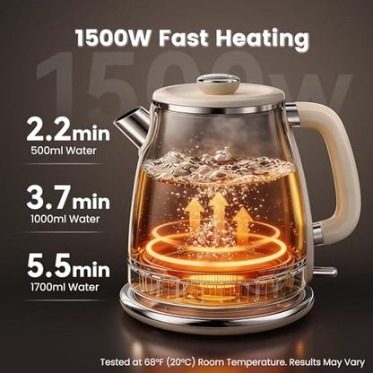 Mecity Retro Electric Kettle 1.7L, Stainless Steel Interior, Food-Grade Silicone Water Contact, Double Wall Cool Touch, 1500W Fast Boil, Thermometer (°F/°C), Wide Opening, Cream - color: Cream