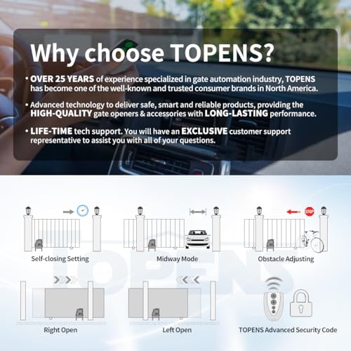 TOPENS CK1100 Automatic Sliding Gate Opener Chain Drive Electric Gate Motor for Heavy Driveway Slide Gate Up to 2800 Pounds, Security Gate Operator AC Powered with 20ft Roller Chain and Remote Control