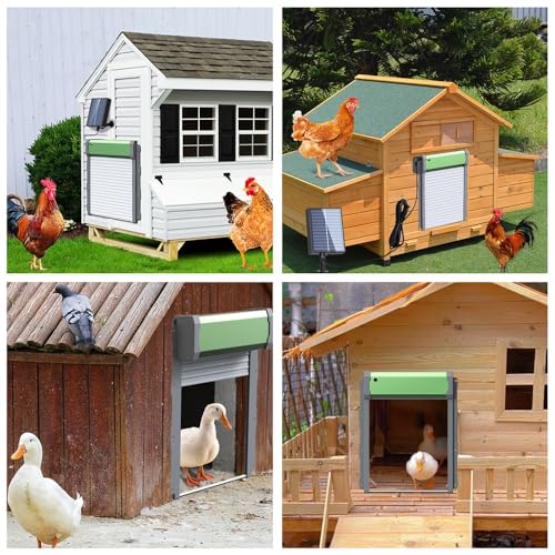 Automatic Solar Powered Chicken Coop Door with Light Sensor, Timer and Remote Control, Weatherproof Anti-Pinch Chicken Coop Rolling Shutter Door ﻿