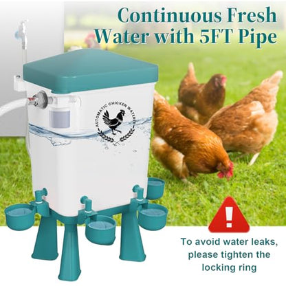 Chicken Waterer, 3 Gallons Automatic Chicken Waterers with 5ft Pipe, Float Controlled Automatic Poultry Water Feeder, 5 Chicken Waterer Cups (Blue, 3 Gallons) - color: Blue
