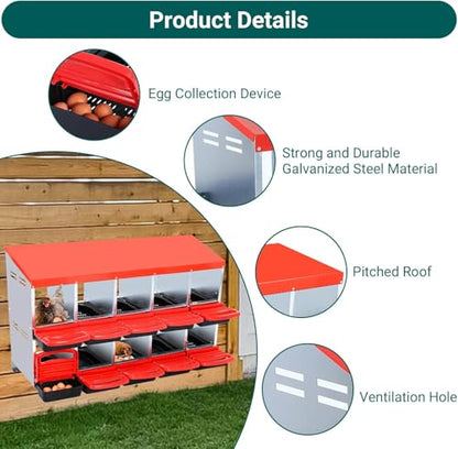 Chicken Nesting Boxes,10 Compartment Nesting Boxes for Laying Eggs,Wall Mount Poultry Roll Away Chicken Laying Boxes,Easy Egg Collection,Cleanable Pull Out Hen Roosting Boxes