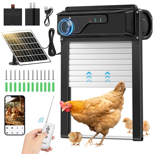 Automatic Chicken Coop Door Solar Powered and 5000mAh Battery, LCD Display Automatic Chicken Door with Timer & Light Sensor & PIR, APP Remote Control Solar Chicken Coop Door