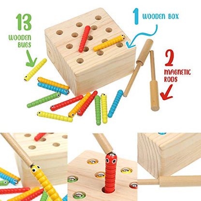 Boxiki kids Wooden Montessori Toys for Babies, Toddlers & Kids, Fine Motor Skills, Magnetic Worm Game for 3 Years Old