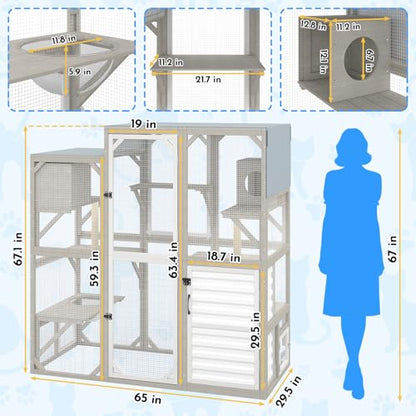 Ketive Catio Outdoor Cat Enclosure Large Walk-in Cat House with Storage Cabinet, Multi-Level Platforms with 2 Cat Trees, Roll-Up Roof for Multiple Cats, Backyard Patio Garden - size: 65.0"L x 29.5"W x 67.1"H
