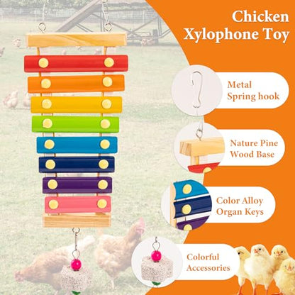 9 PCS Chicken Coop Toys, Chicken Swing Toys for Chickens Xylophone Mirror with Bell Hanging Vegetable Fruits Skewers Feeders Chick Coop Toy for Hen Birds Parrots