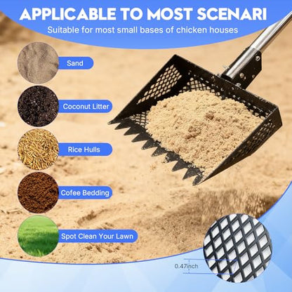 Chicken Poop Scooper & Rake 2-in-1,Chicken Poop Scooper with Stainless Steel Handle (35-61.8" Adjustable),Sifter Shovel Chicken Coop Sand Rake for Chicken Coops & Farm Animals