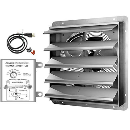 iPower 20 Inch Wall Mounted Shutter Exhaust Fan with Temperature Controller and Power Cord Kit, Aluminum, 1200 RPM, 3368 CFM, for Attic, Garage, Louvered Vent, Plant, Greenhouse, Silver - size: 20 Inch, style: Temp Controller Exhaust Fan(with Power Cord)