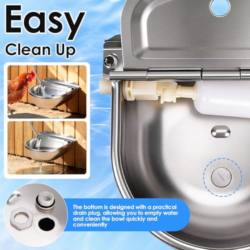 Metal Automatic Chicken Waterer with Float Valve, Stainless Steel Duck Waterer No Mess Outdoor Wall Mounted Chicken Water Dispenser with Hose and Drain Plug for Chicken Coop