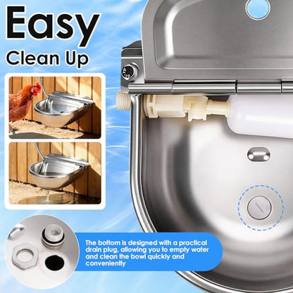 Metal Automatic Chicken Waterer with Float Valve, Stainless Steel Duck Waterer No Mess Outdoor Wall Mounted Chicken Water Dispenser with Hose and Drain Plug for Chicken Coop