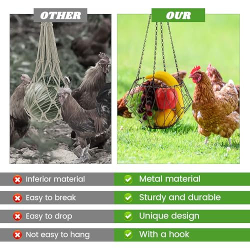Hanging Chicken Feeder, 9.2 inches Large Poultry Vegetable Fruits Feeder Basket with 4Pcs Hanging Stainless Chain, Veggie Treat Ball for Chicken,Hens,Duck,Rabbit Coop(Size:2pcs) - size: 2pcs