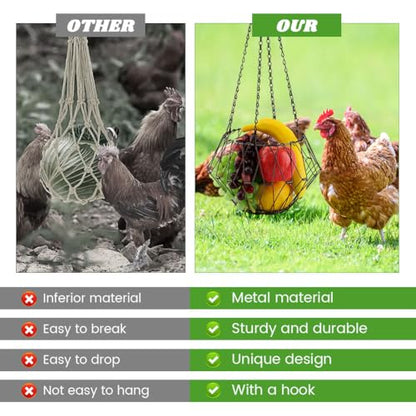 Hanging Chicken Feeder, 9.2 inches Large Poultry Vegetable Fruits Feeder Basket with 4Pcs Hanging Stainless Chain, Veggie Treat Ball for Chicken,Hens,Duck,Rabbit Coop(Size:2pcs) - size: 2pcs