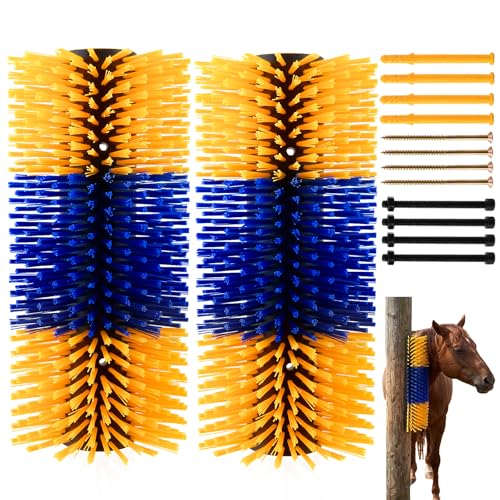 2Pcs Livestock Scratching Brush, Fence Mounted | Self-Grooming Back Scratcher for Horses, Cows, Goats, Cattle, Sheep, Includes Screws, Promotes Cleanliness - size: 2 Pack