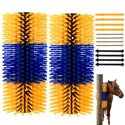 2Pcs Livestock Scratching Brush, Fence Mounted | Self-Grooming Back Scratcher for Horses, Cows, Goats, Cattle, Sheep, Includes Screws, Promotes Cleanliness - size: 2 Pack