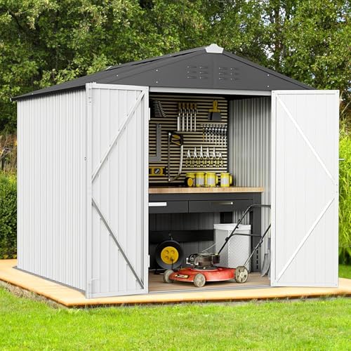 Greesum 6x4FT Outdoor Storage Shed, Utility Tool Shed Metal Storage Garden Shed with Door & Lock for Patio Storage, White - color: White, size: 6x4