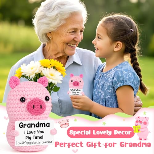 GevGuxLuo Funny Positive Pig Birthday Gifts for Grandma Women,Handmade Crochet Animals Pig Grandma Gifts from Granddaughter Grandson for Birthday Positive Cute Desk Decor - style: Grandma