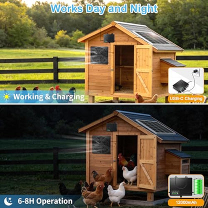 Solar Exhaust Fan with Pull Switch, 12000mAh Battery, IP65 Waterproof, 35dB Low Noise, Solar & USB-C Charging, Wall Mount Ventilation Fan for Chicken Coop Greenhouse Pet House Shed Garage