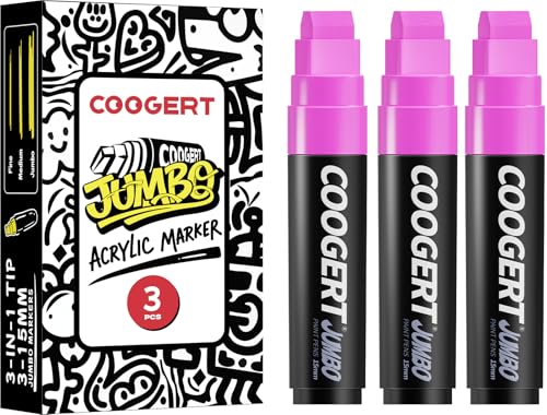Coogert 3Pcs Pink Acrylic Paint Markers, 15MM Thick Permanent Acrylic Graffiti Markers, Wide Tip Paint Marker for Canvas, Posters Board, Fabric, Window, Glass, Wood, Teachers,Banner painting supplies - color: Pink