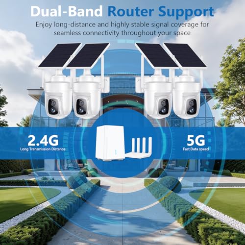 4K Security Cameras Wireless Outdoor with local storage Base,No Subscription Required,Home Security Cameras System with 360° Pan&Tilt,Auto Tracking,5G & 2.4G Router Compatible,Solar-Powered,4 cam kit - size: 4 Cam kit