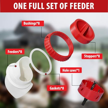 8PACK No Waste Chicken Feeder Ports - DIY Chicken Feeder Kit with Hole Saw - Chicken Feeder Cups for Bucket,Barrels,Bins,Troughs - size: 8 port with holesaw