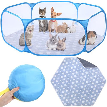 VitalCozy Hamster Playpen with Mat Small Animal Cage Tent Breathable Transparent Guinea Pig Playpen Waterproof Portable Yard Fence Mat Foldable Exercise Playpen Outdoor Indoor (Blue,Star) - color: Blue