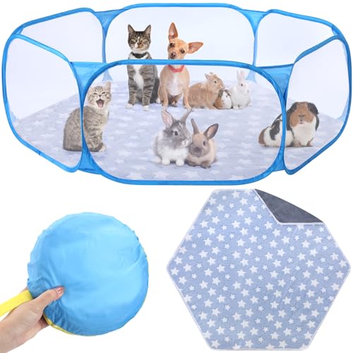 VitalCozy Hamster Playpen with Mat Small Animal Cage Tent Breathable Transparent Guinea Pig Playpen Waterproof Portable Yard Fence Mat Foldable Exercise Playpen Outdoor Indoor (Blue,Star) - color: Blue