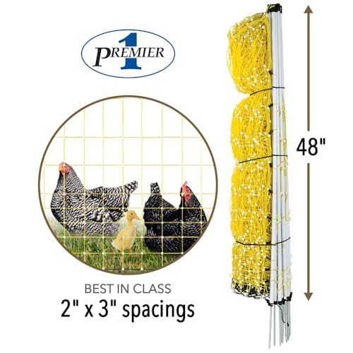 Premier 1 Portable Electric Chicken Net with Built-in Posts | 48"H x 164'L | Yellow Poultry Fence for Backyard Chickens, Ducks, Turkeys